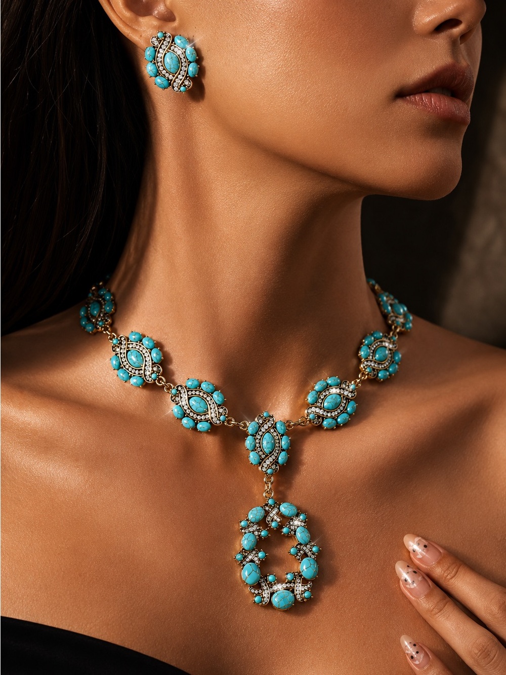 Turquoise Gold-Tone Statement Necklace - Elegant Women's Jewelry